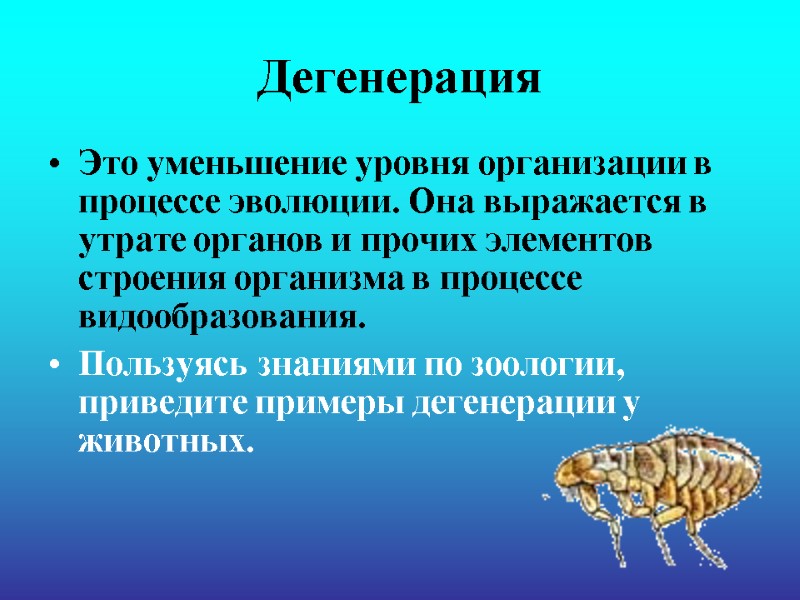 Дегенерация Это уменьшение уровня организации в процессе эволюции. Она выражается в утрате органов и